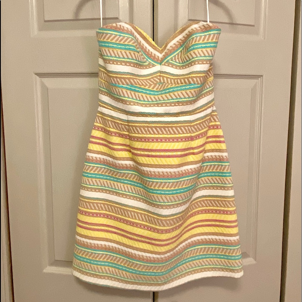 Striped Strapless Summer Dress in Yellow, Teal & White